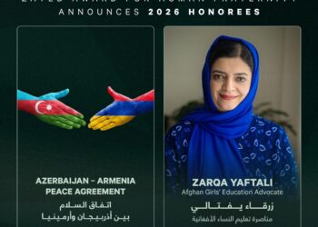 Zayed Award for Human Fraternity Mengumumkan Penerima Penghargaan Tahun 2026: Perjanjian Perdamaian Azerbaijan-Armenia Tokoh Advokasi Pendidikan Anak Perempuan Afghanistan, Zarqa Yaftali